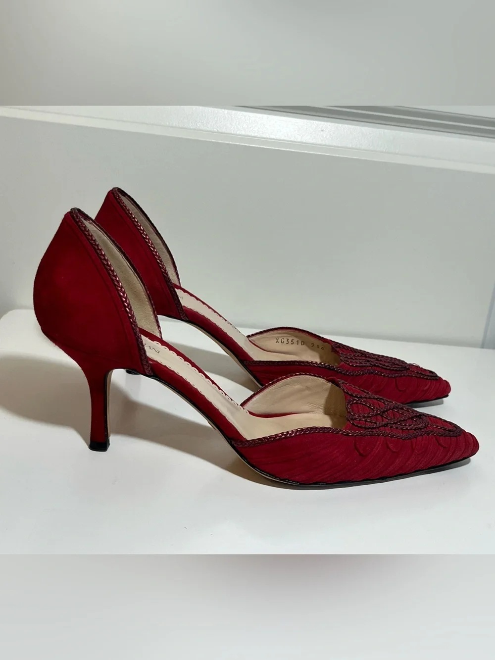 Giorgio Armani Red Suede Pointed Toe Heels Intricate Braided Detail US Size 9.5